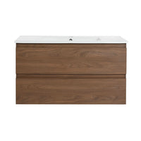 36" wall mounted bathroom vanity with sink, front view of modern brown oak double-drawer design | Ace Decor