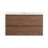 36" wall mounted bathroom vanity with sink, front view of modern brown oak double-drawer design | Ace Decor