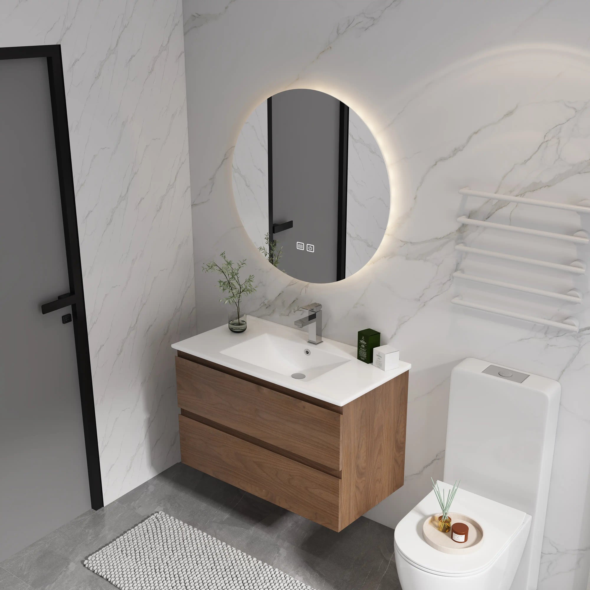 36" wall mounted bathroom vanity with sink in modern bathroom setting with mirror | Ace Decor