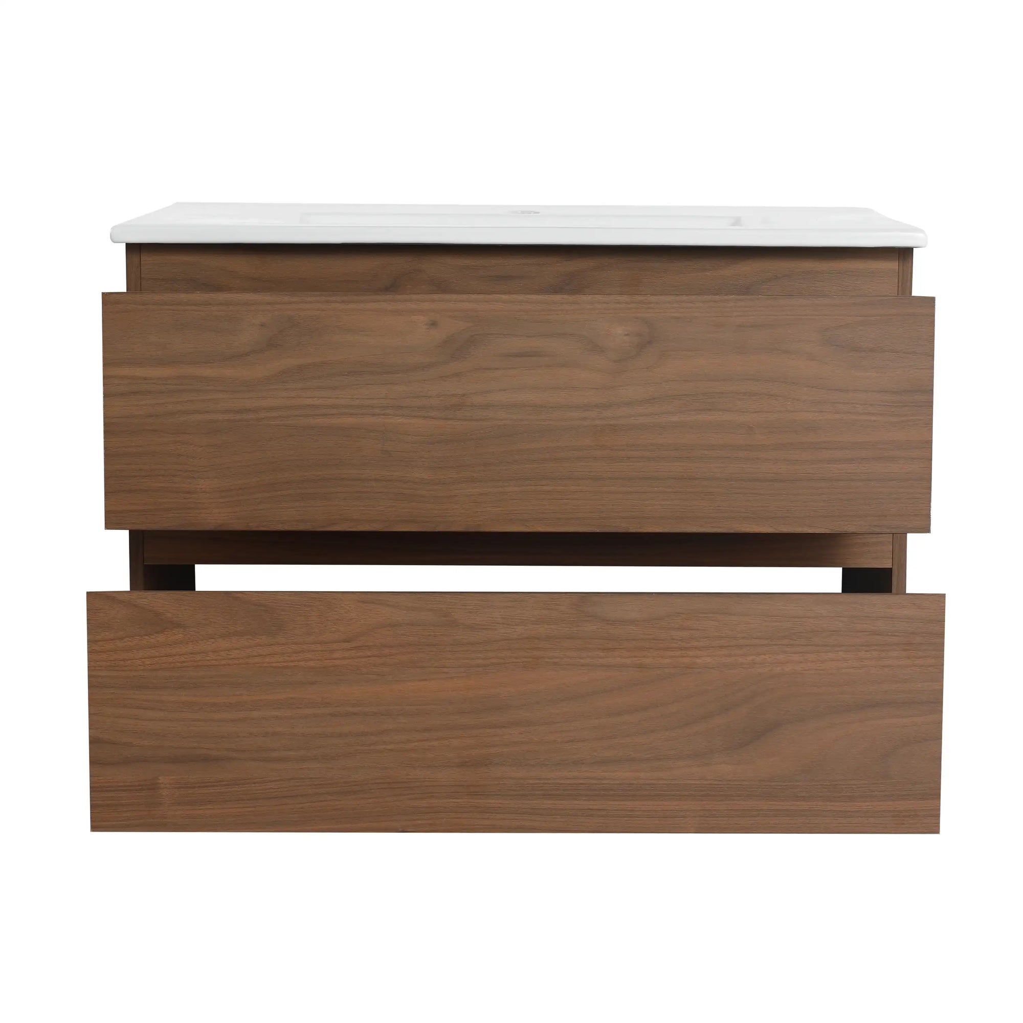 30" bathroom vanity hanging brown oak with drawers partially open front view | Ace Decor