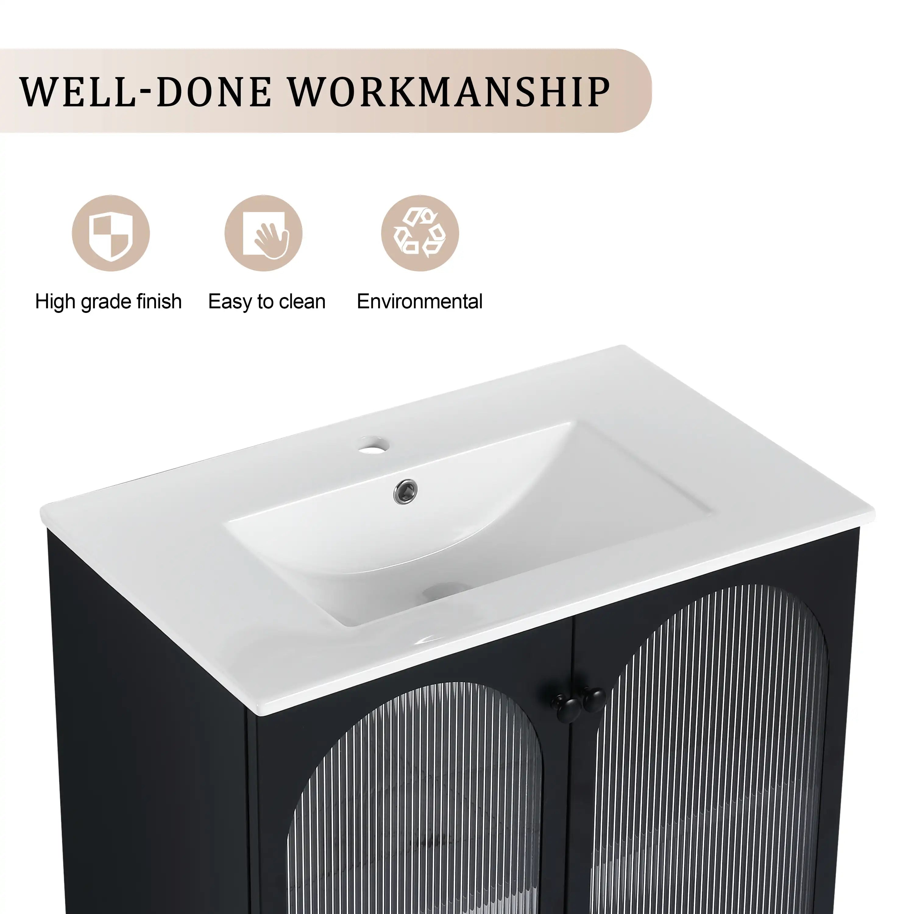 Black 30" bathroom vanity with white ceramic sink highlighting durable finish and easy-clean surface.