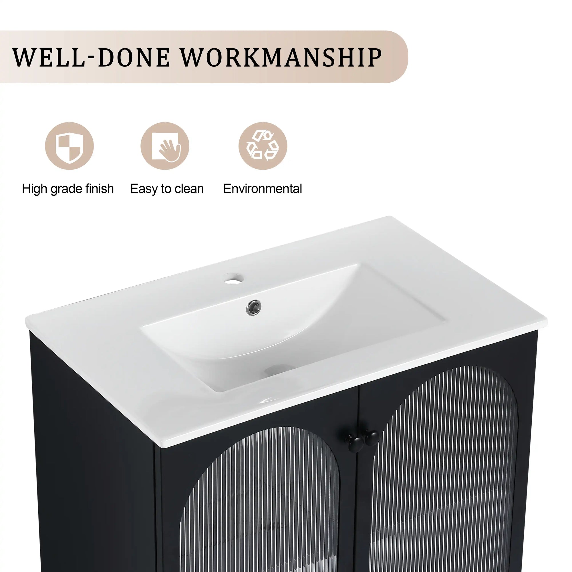 30" freestanding makeup vanity with ceramic sink highlighting durable finish and easy-clean surface | Ace Decor