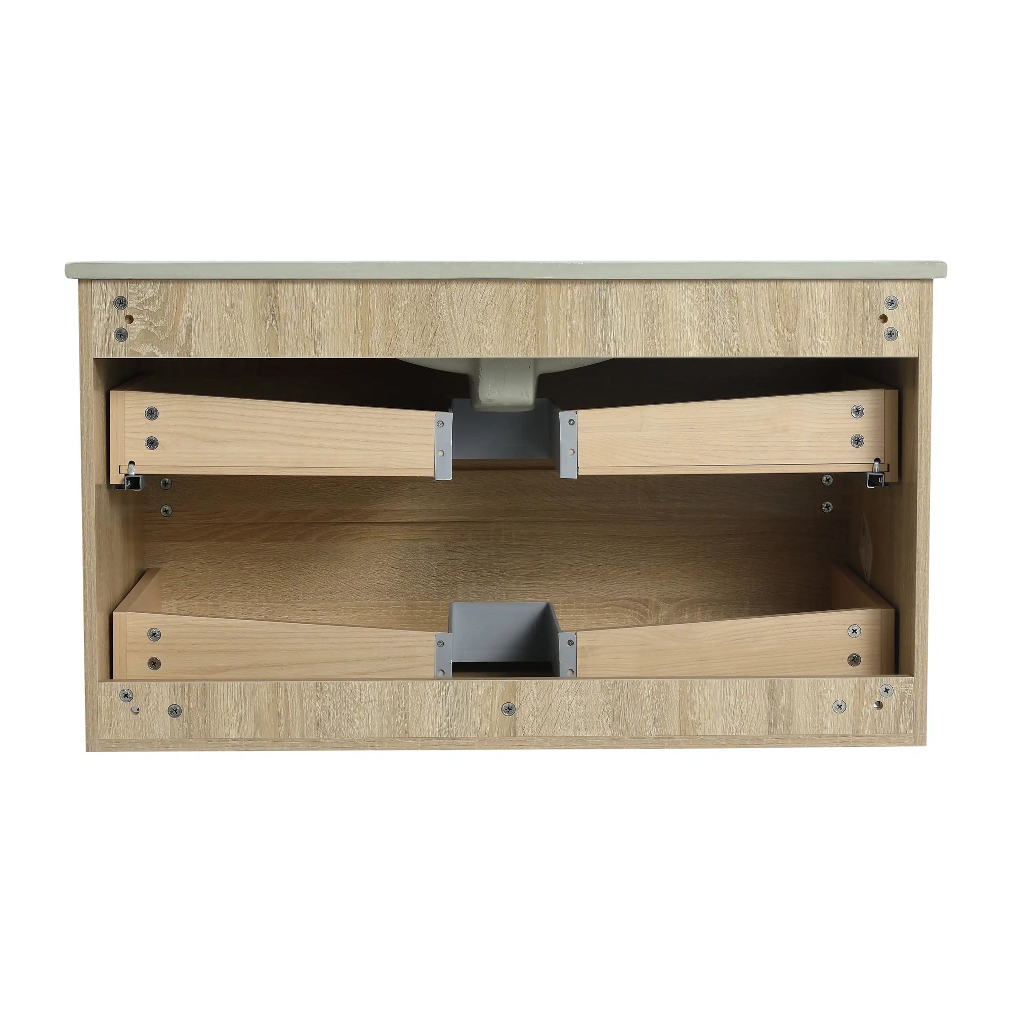 36" bathroom vanity wall mounted internal drawer structure and plumbing cutout view | Ace Decor