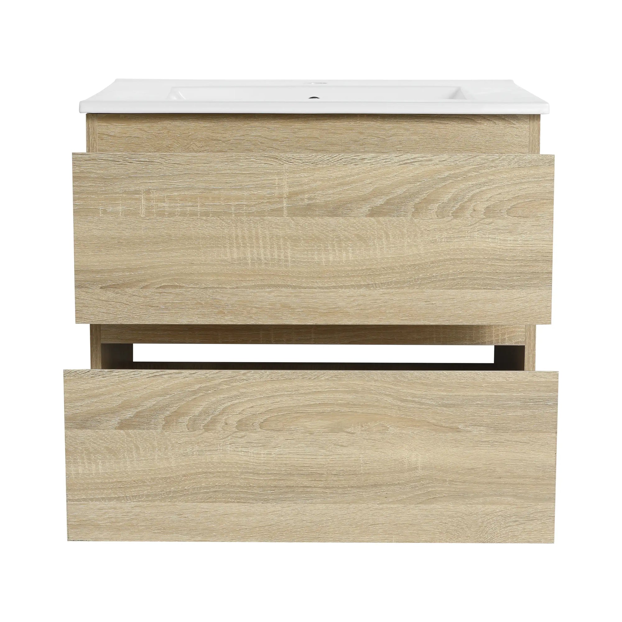 LumaOak Series 24" Light Oak Wall-Mounted Bathroom Vanity with Ceramic Sink &amp; Soft-Close Drawers