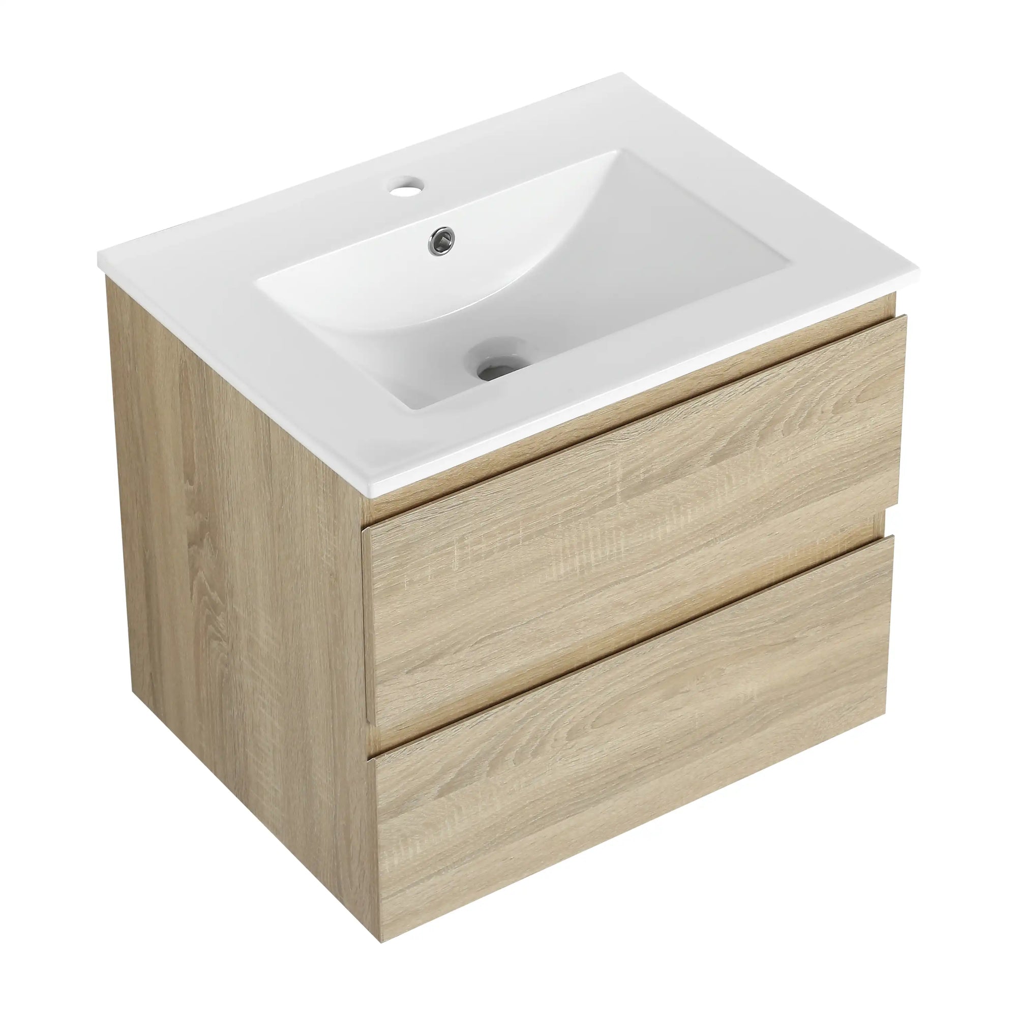 24 inch bathroom vanity with drawers and ceramic sink, angled view | Ace Decor
