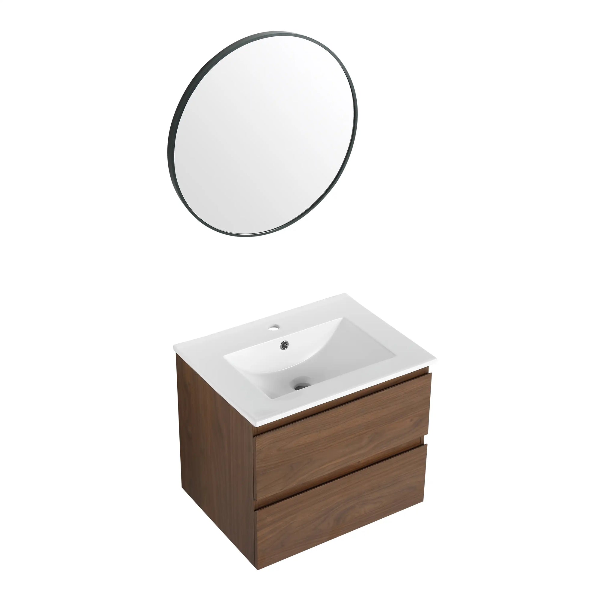 24 inch bathroom vanity with ceramic sink and round mirror set | Ace Decor