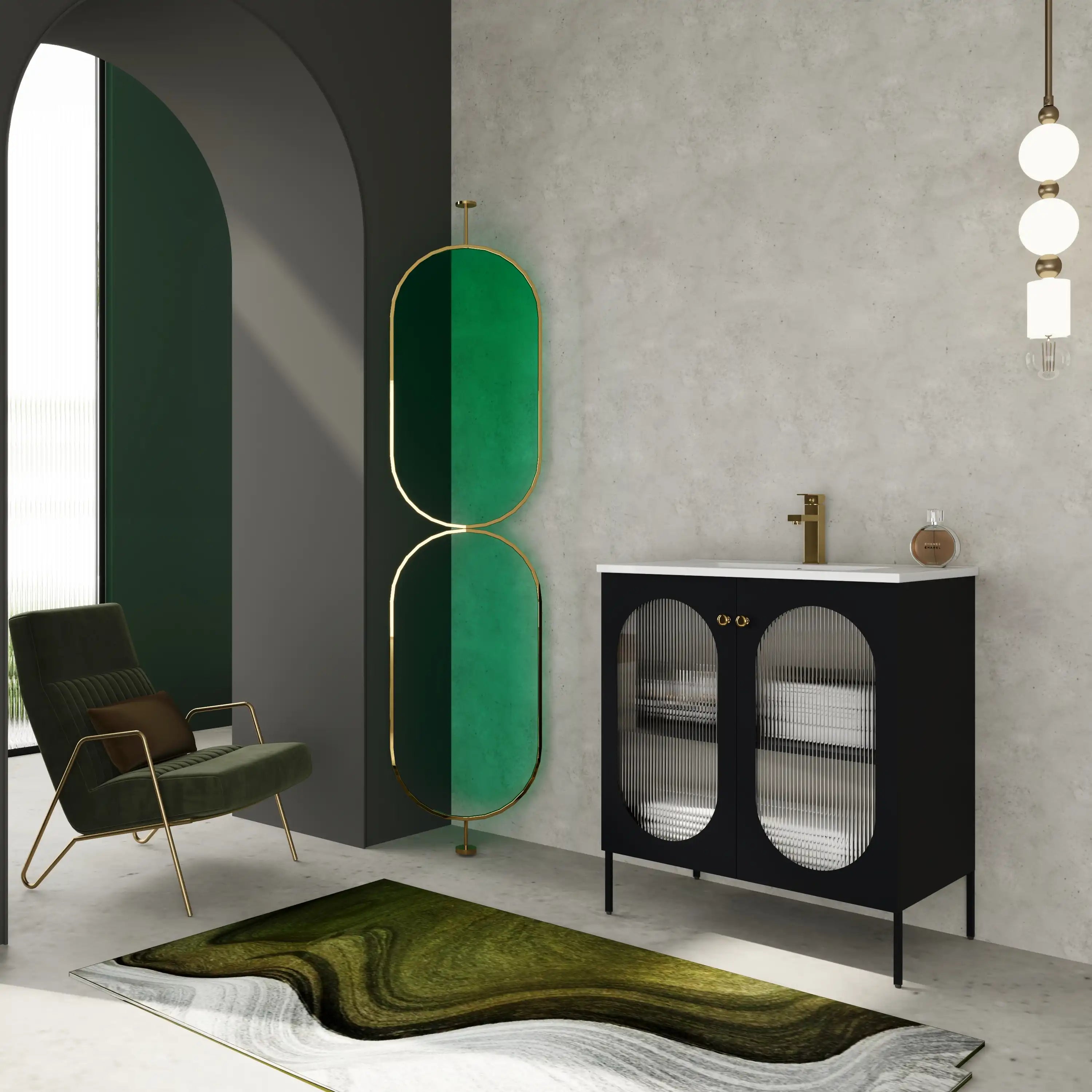 Modern scene featuring 30" black freestanding vanity with ceramic sink and gold faucet.