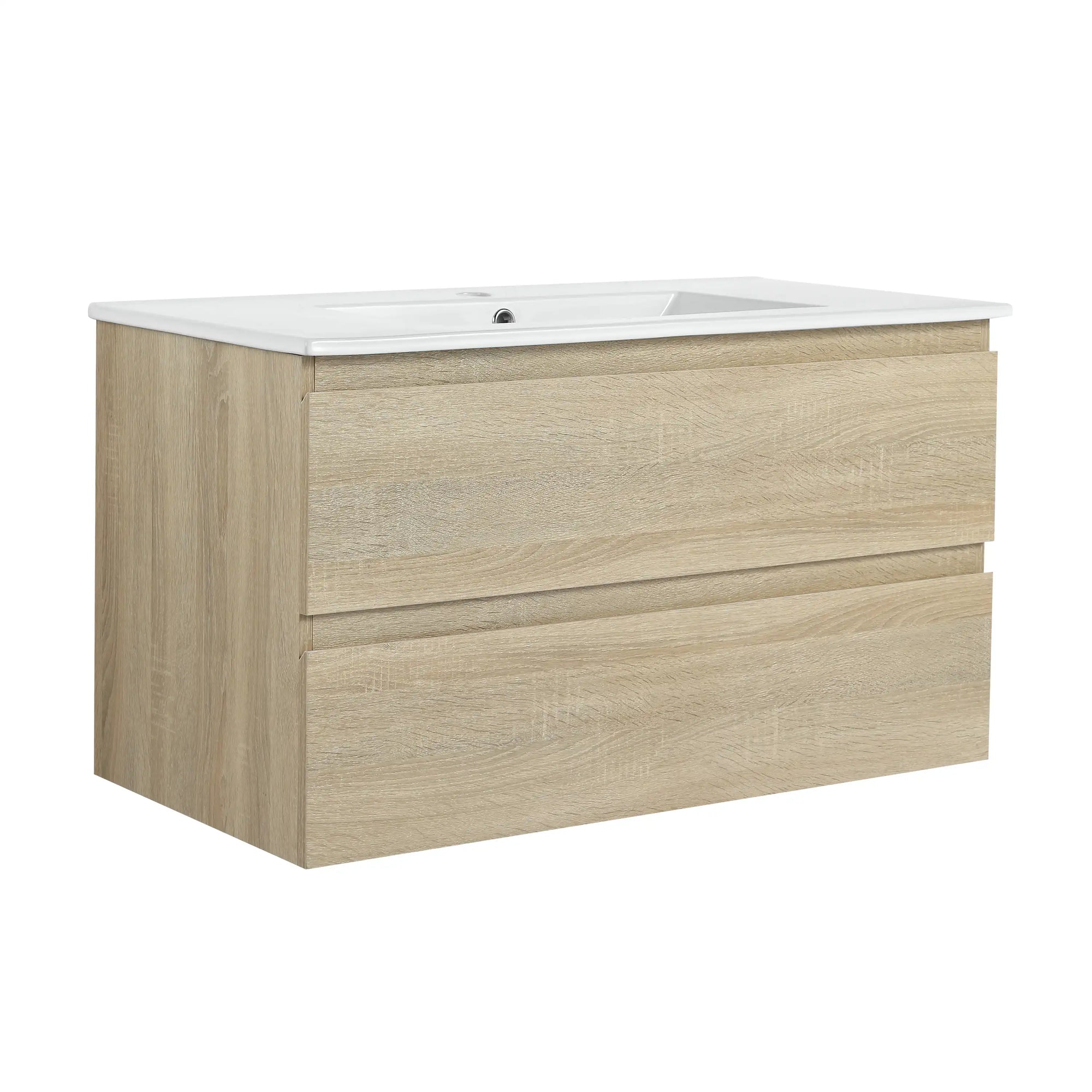 36" bathroom vanity wall mounted light oak with ceramic sink front view | Ace Decor