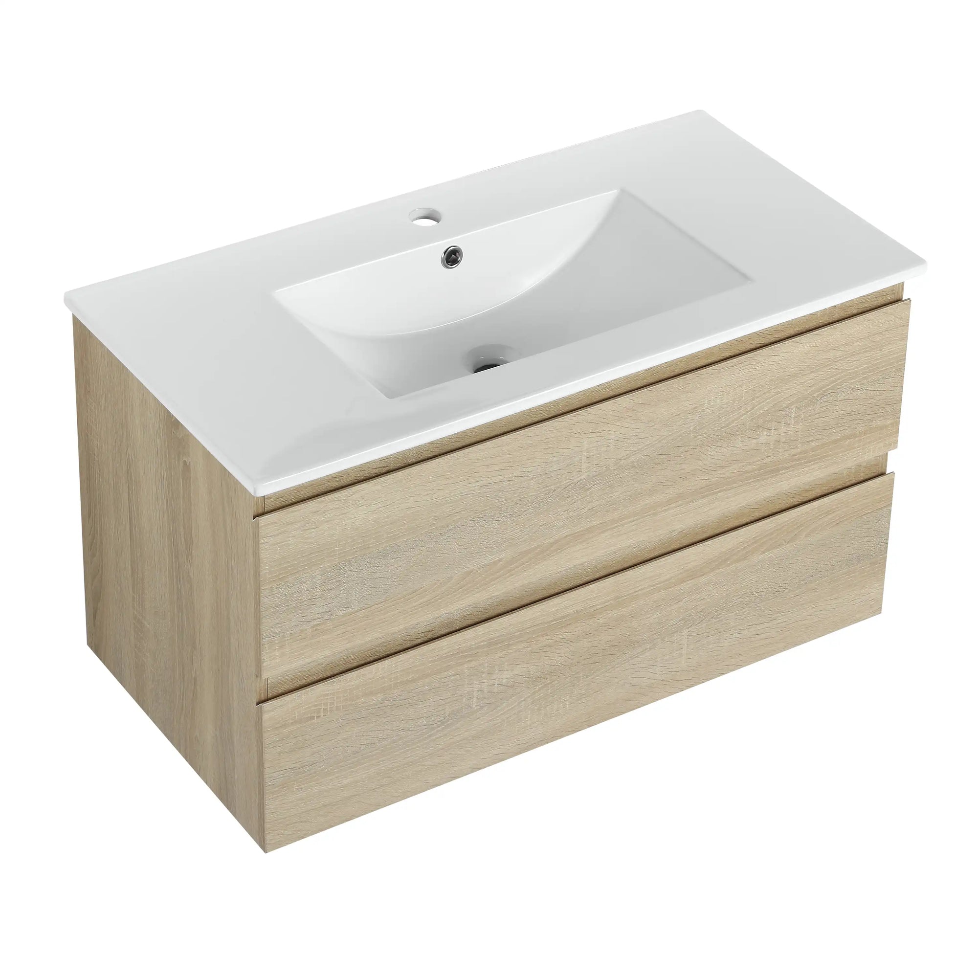 36" bathroom vanity wall mounted light oak with ceramic sink angled view | Ace Decor