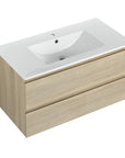 36" bathroom vanity wall mounted light oak with ceramic sink angled view | Ace Decor
