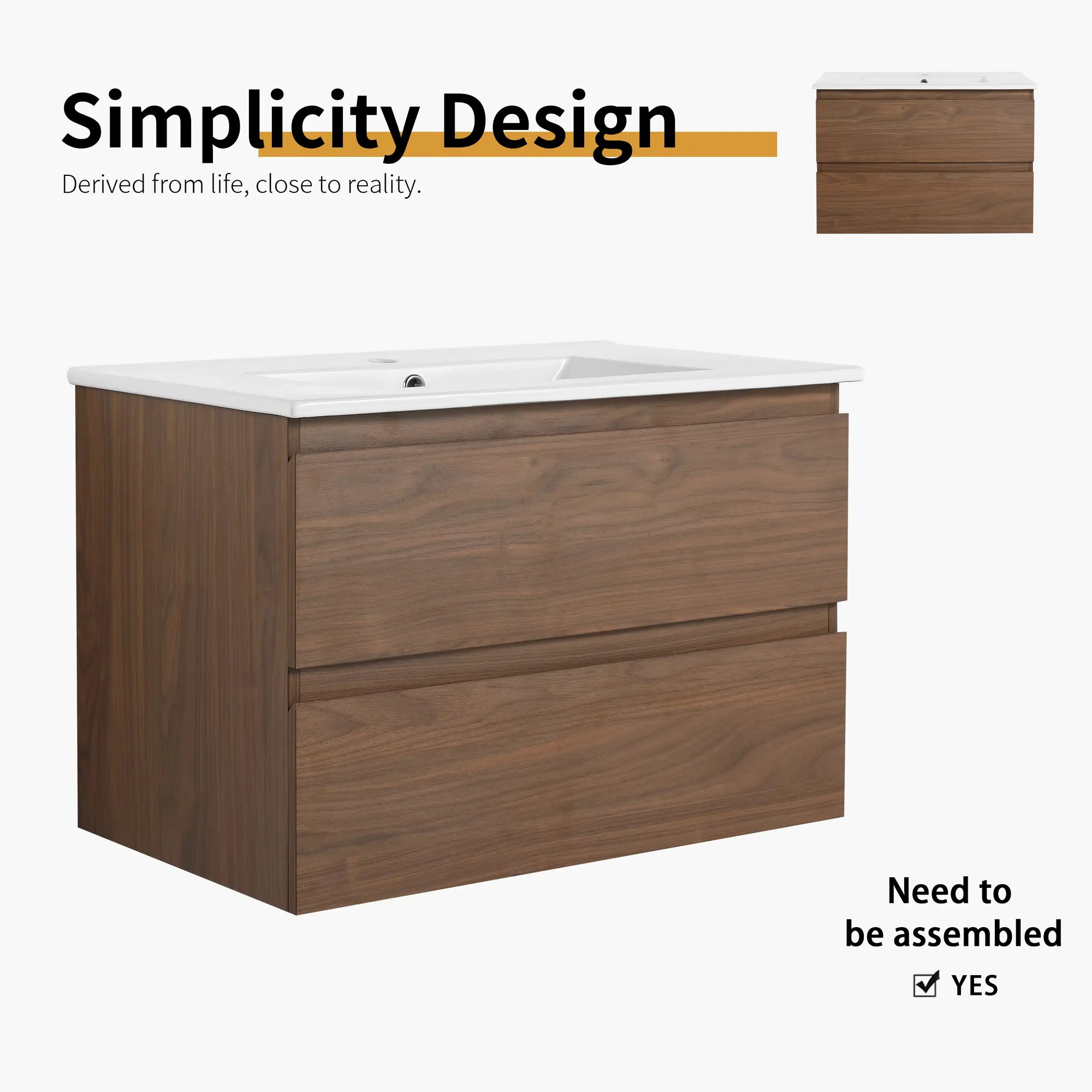 30" bathroom vanity hanging brown oak simplicity design front view | Ace Decor