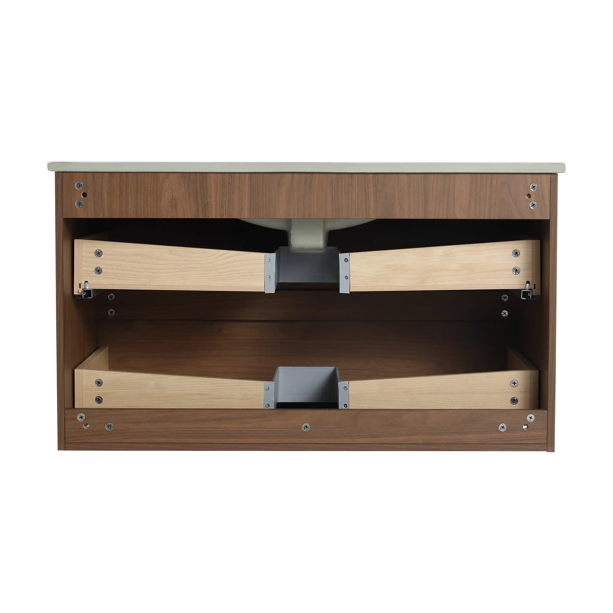 36" wall mounted bathroom vanity with sink, interior drawer structure view | Ace Decor