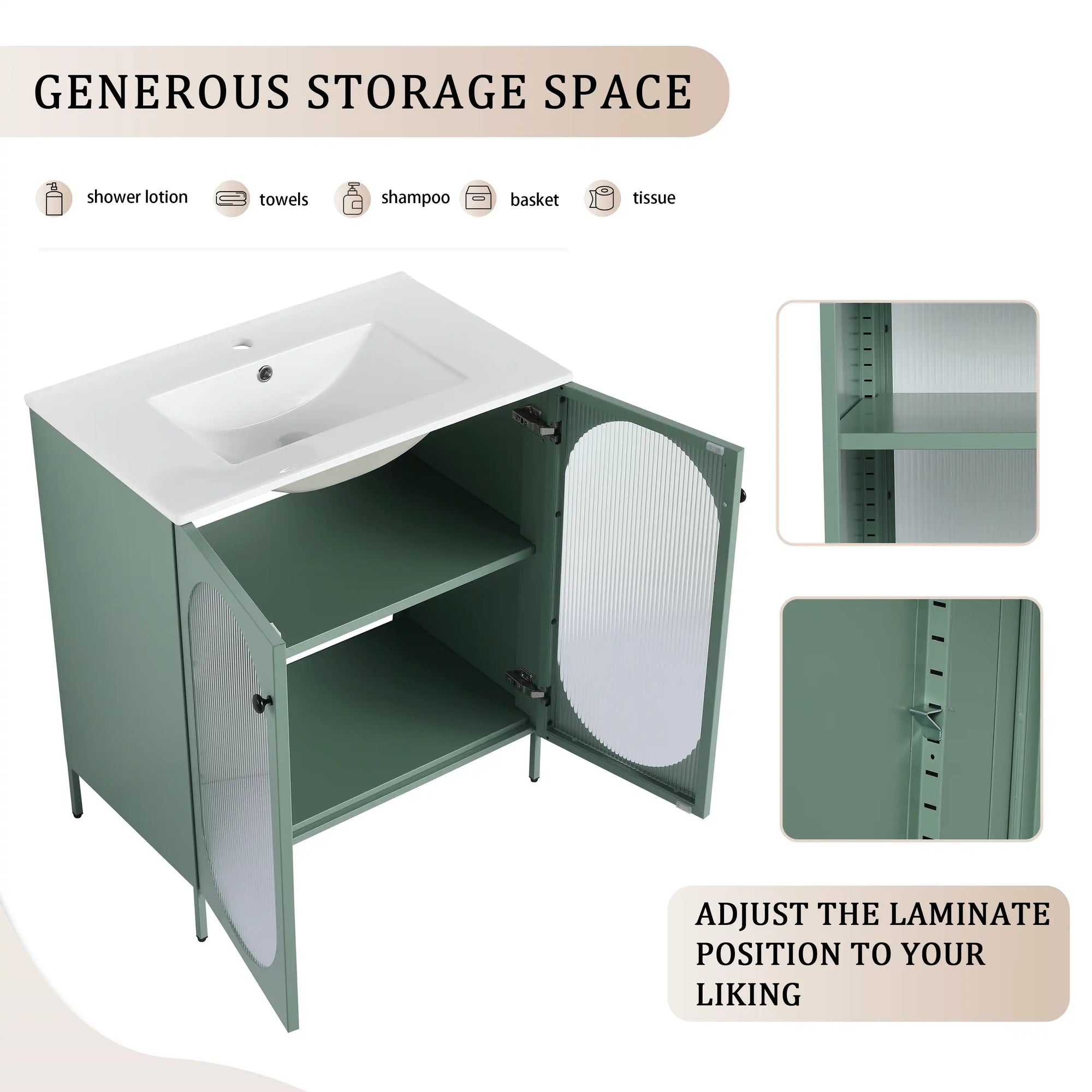 Storage feature view of 30" mint green freestanding single bathroom vanity with sink with adjustable interior shelf | Ace Decor