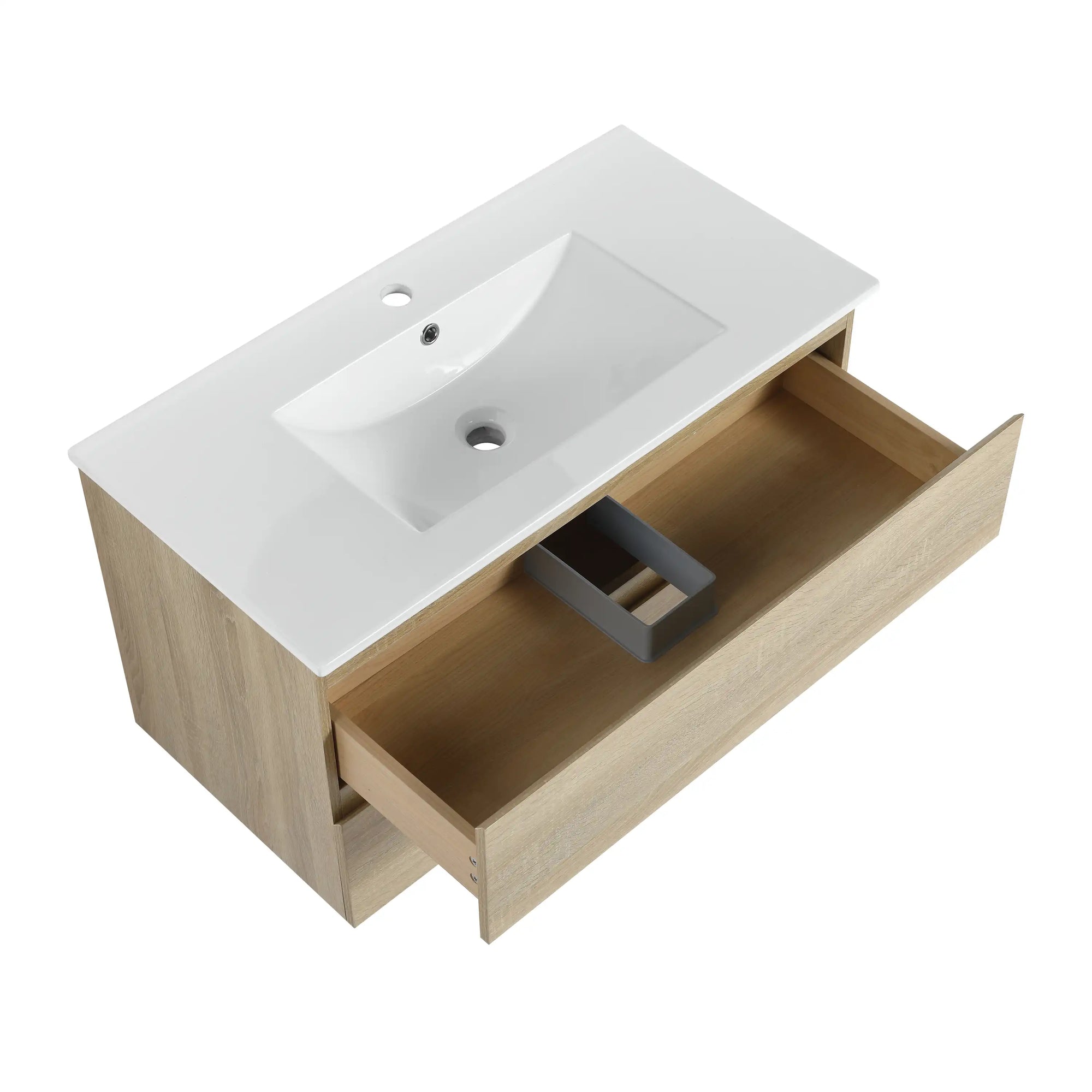 36" bathroom vanity wall mounted single drawer open storage view | Ace Decor