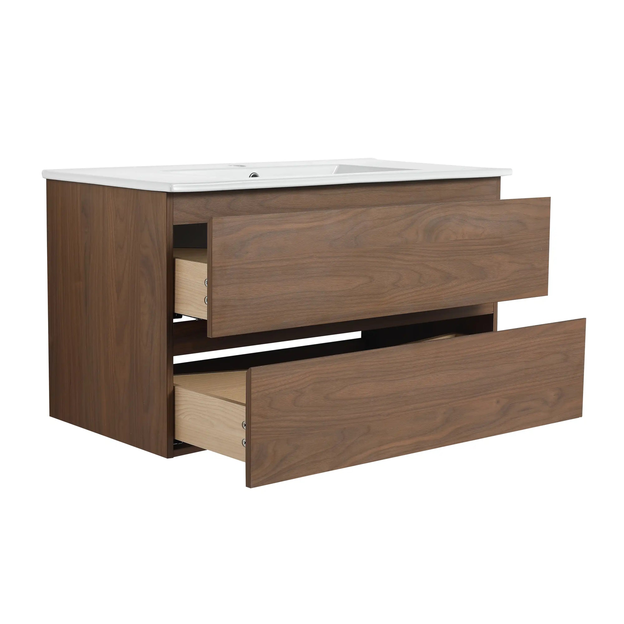 36" wall mounted bathroom vanity with sink, open drawers showing storage space | Ace Decor