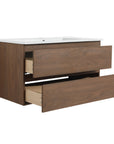 36" wall mounted bathroom vanity with sink, open drawers showing storage space | Ace Decor