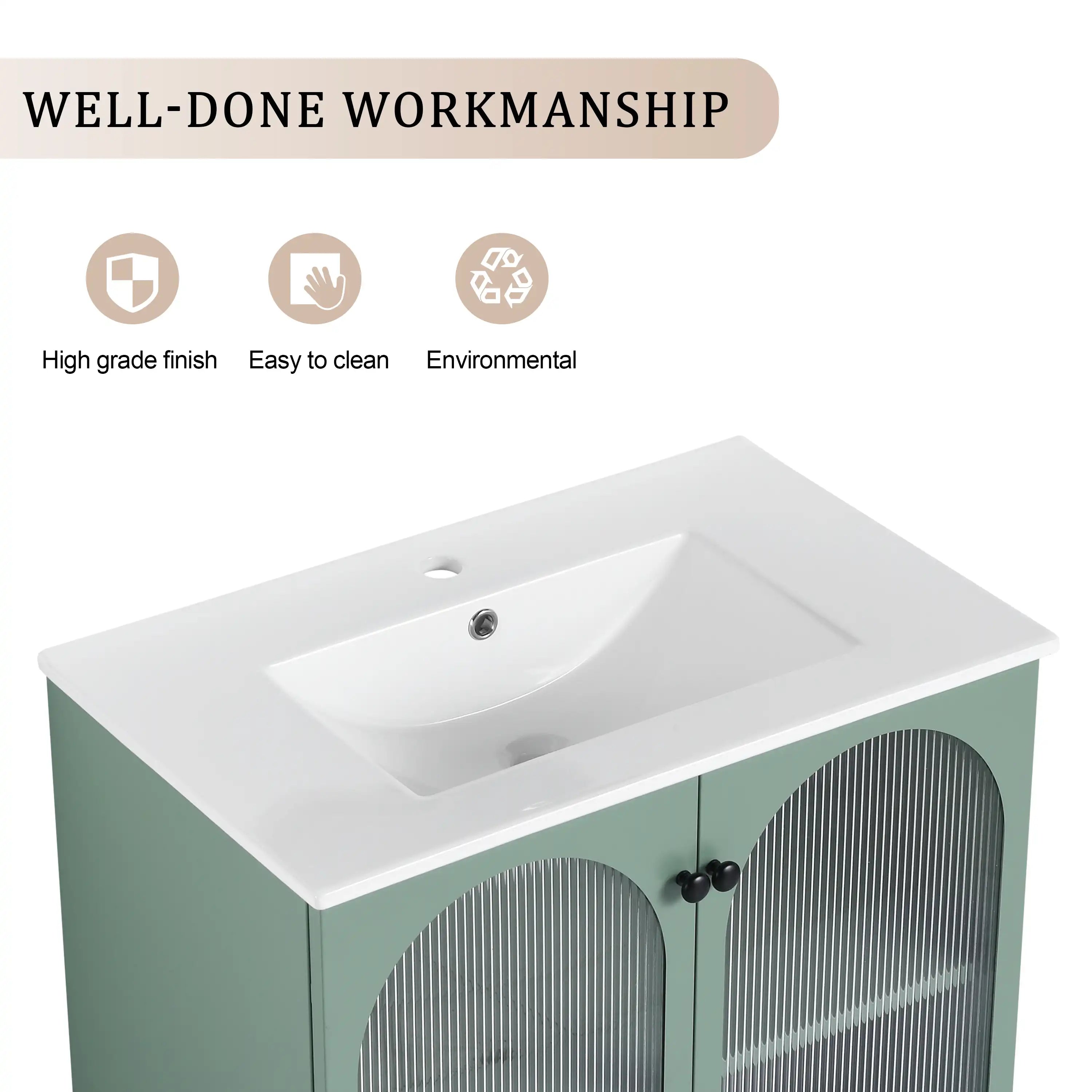 Close-up of ceramic sink on AeroGrid 30" mint green freestanding bathroom vanity.