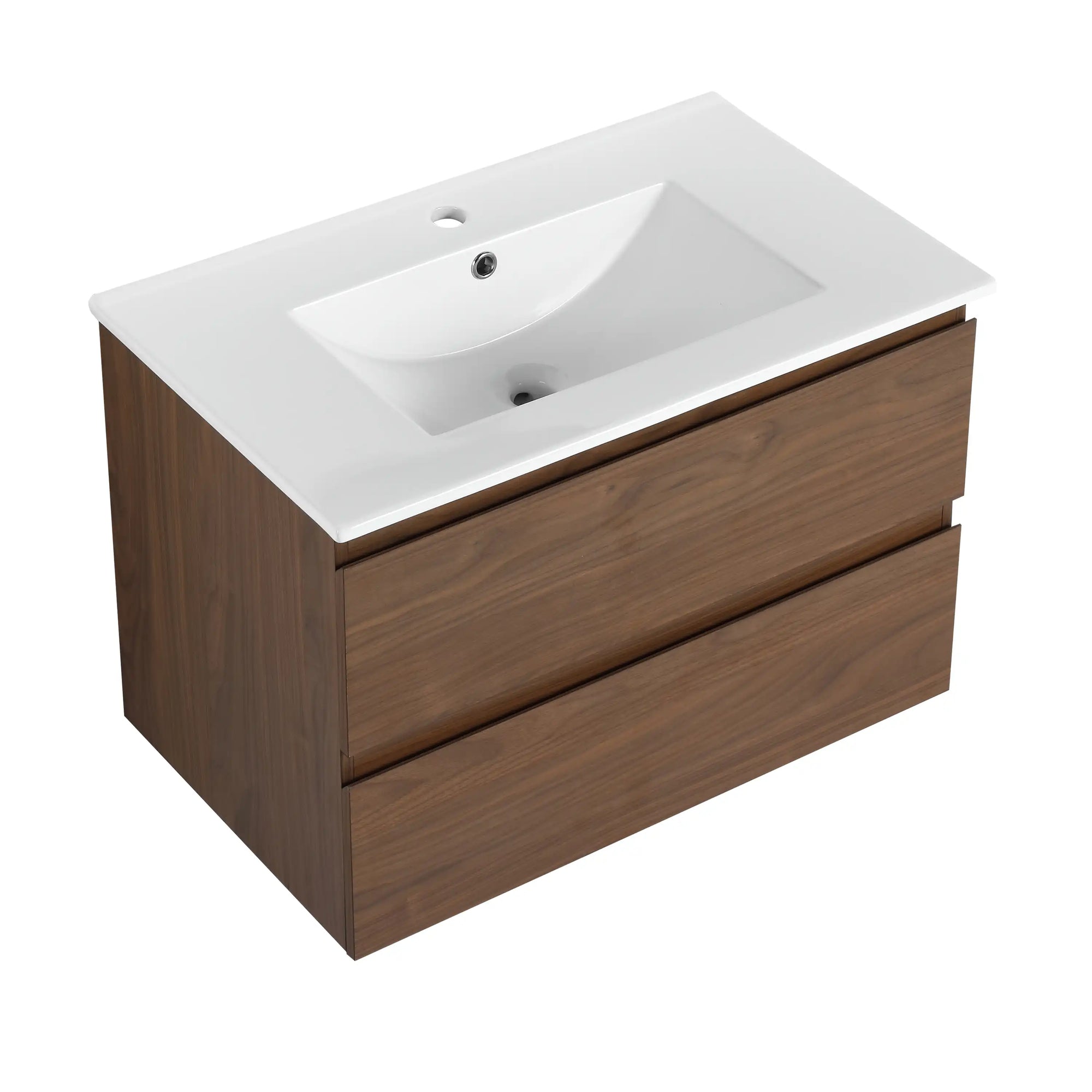 30" bathroom vanity hanging brown oak with ceramic sink angled view | Ace Decor
