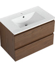 30" bathroom vanity hanging brown oak with ceramic sink angled view | Ace Decor
