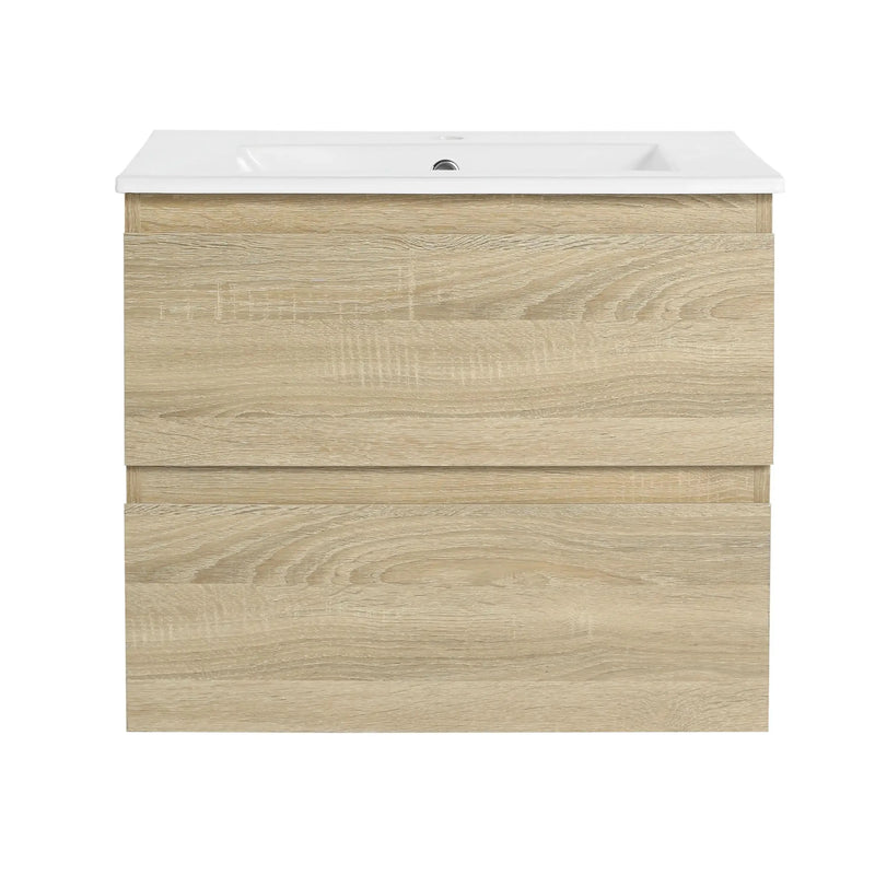 24"/30"/36" Light Oak Wall-Mounted Bathroom Vanity with Ceramic Sink & Soft-Close Drawers