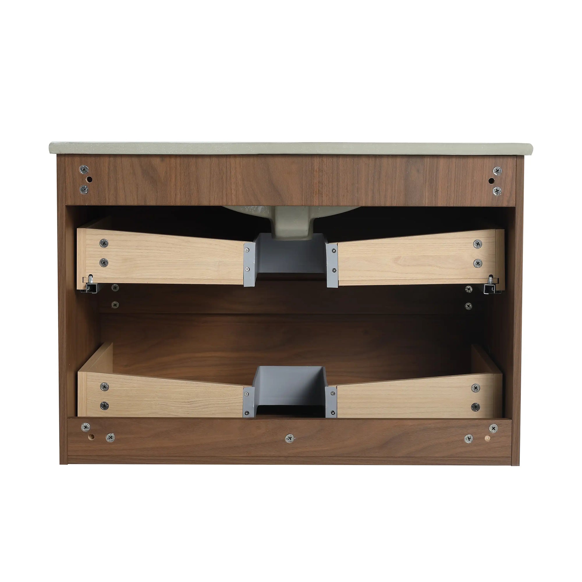 30" bathroom vanity hanging underside plumbing and drawer structure view | Ace Decor
