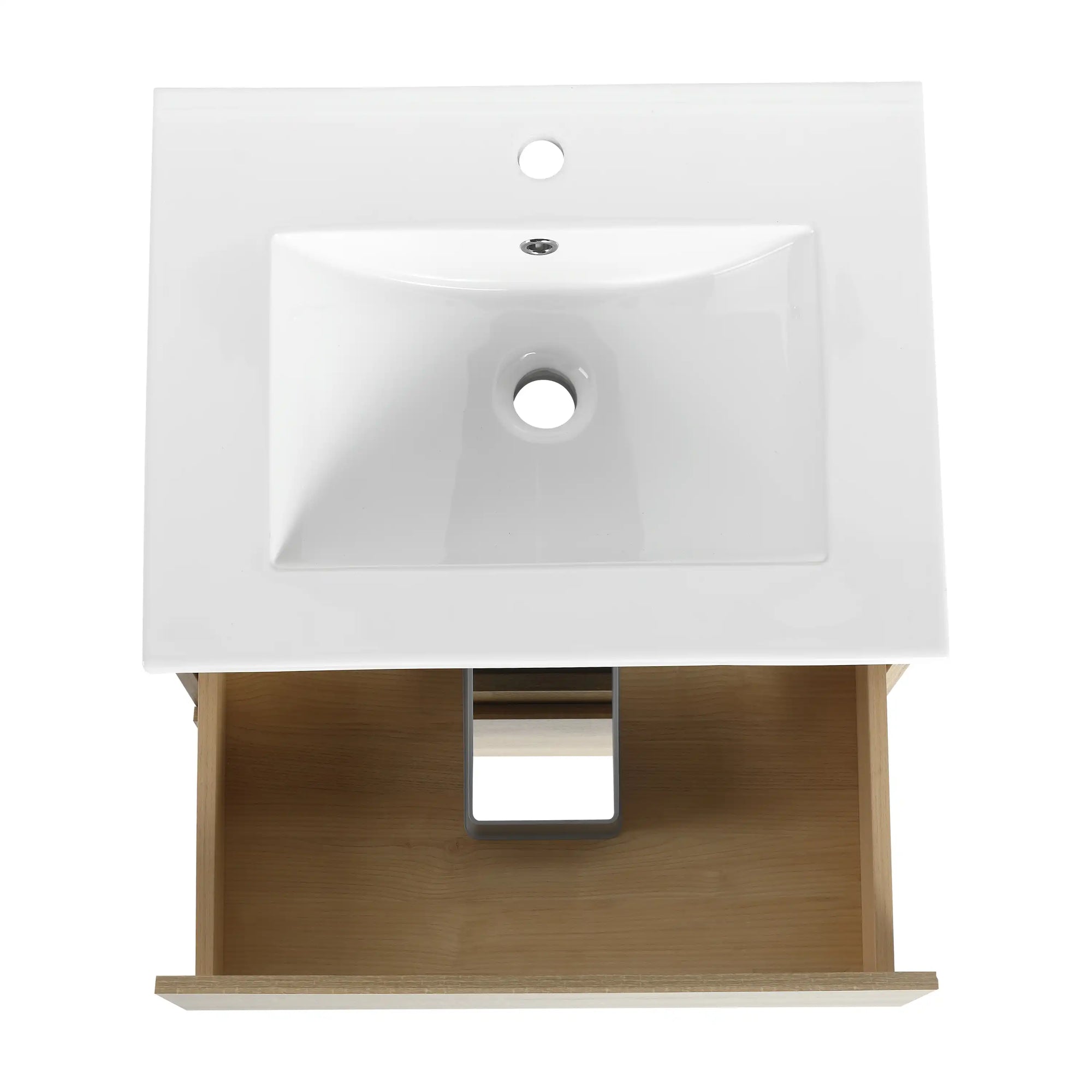 Top view of 24 inch bathroom vanity with drawers, top drawer open | Ace Decor