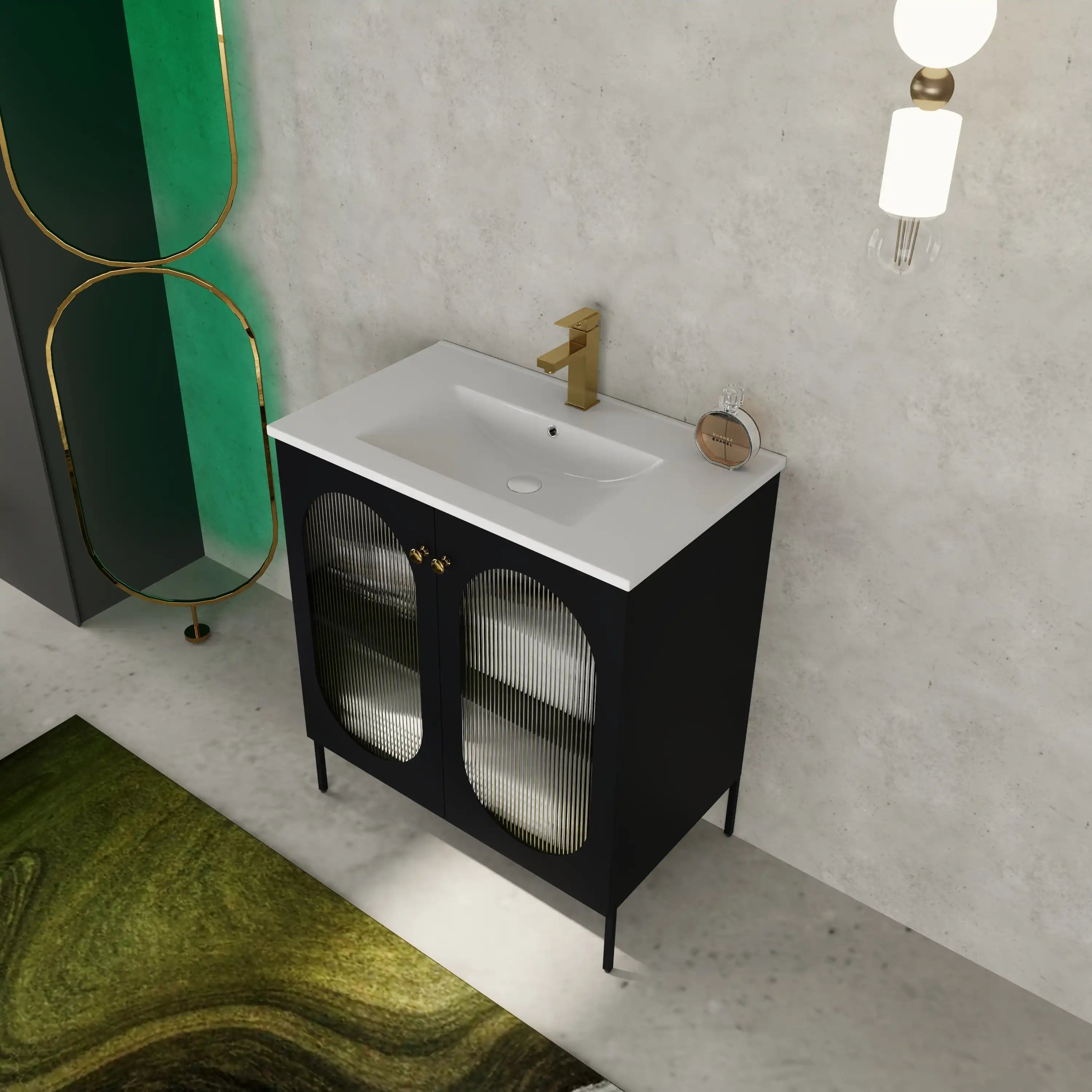 Modern bathroom setting with AeroGrid 30" black freestanding bathroom vanity.