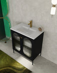 Modern bathroom setting featuring 30" black freestanding makeup vanity with acrylic cabinet doors | Ace Decor
