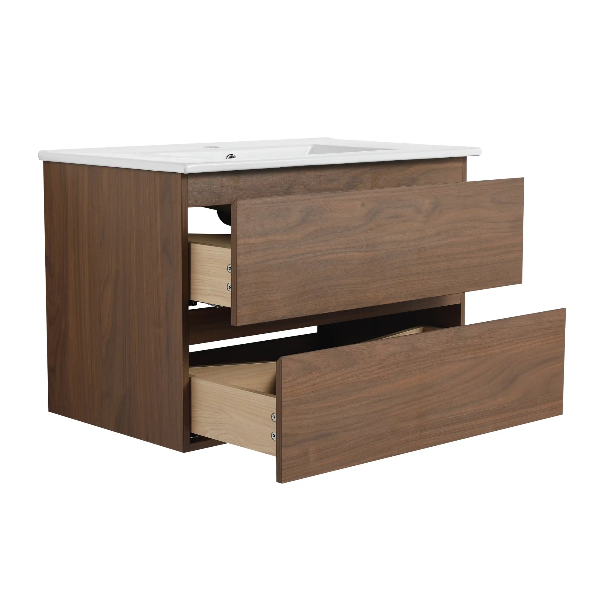 30" bathroom vanity hanging brown oak with drawers open side view | Ace Decor