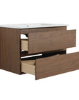 30" bathroom vanity hanging brown oak with drawers open side view | Ace Decor