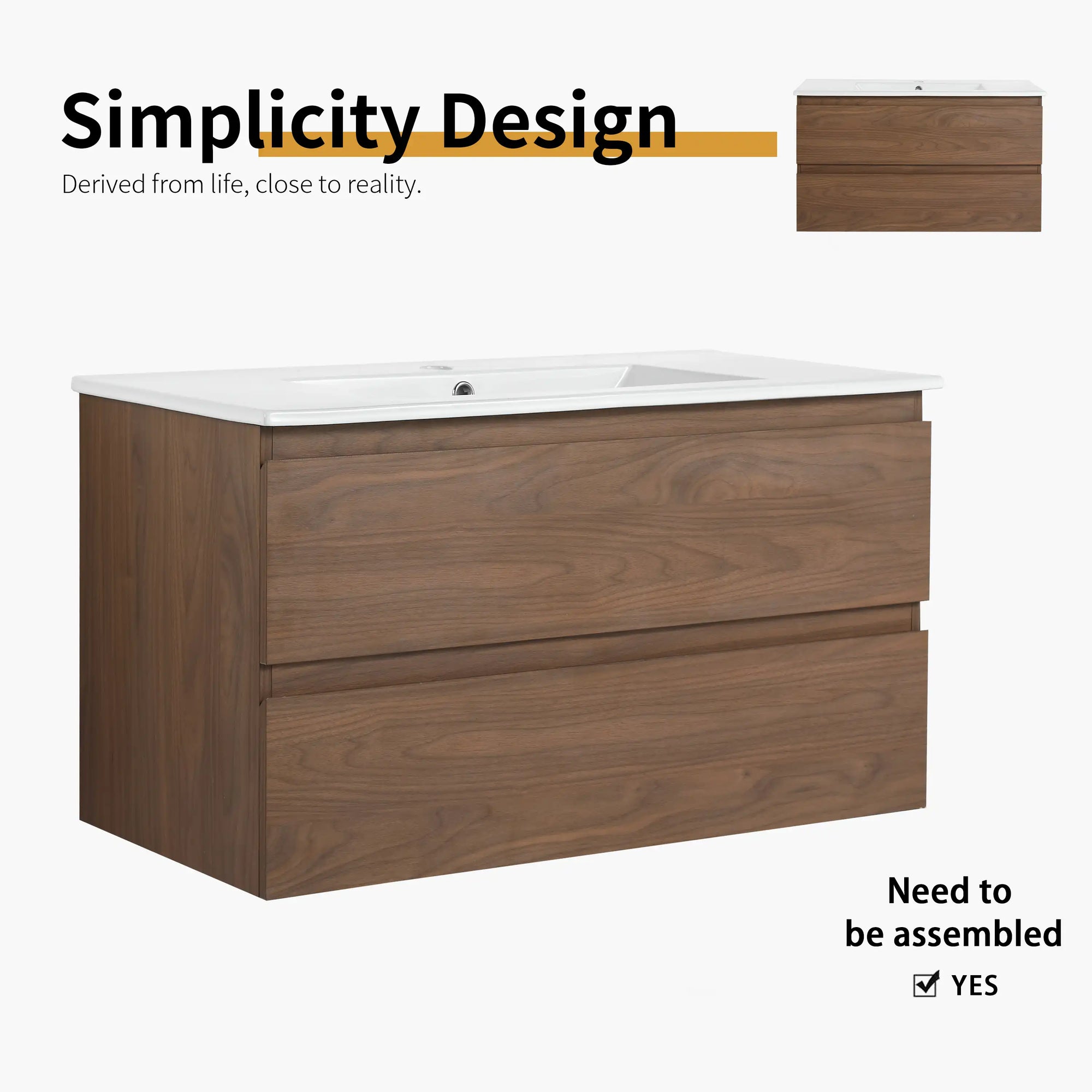 36" wall mounted bathroom vanity with sink, modern brown oak design with soft-close drawers | Ace Decor