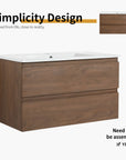 36" wall mounted bathroom vanity with sink, modern brown oak design with soft-close drawers | Ace Decor