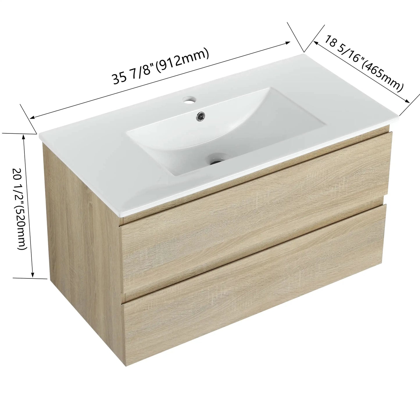 Wall-Mounted Bathroom Vanity with Ceramic Sink and Soft Close Drawers size: 36 X 18