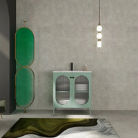 Full bathroom setup with 30" mint green freestanding single bathroom vanity with sink in modern interior | Ace Decor