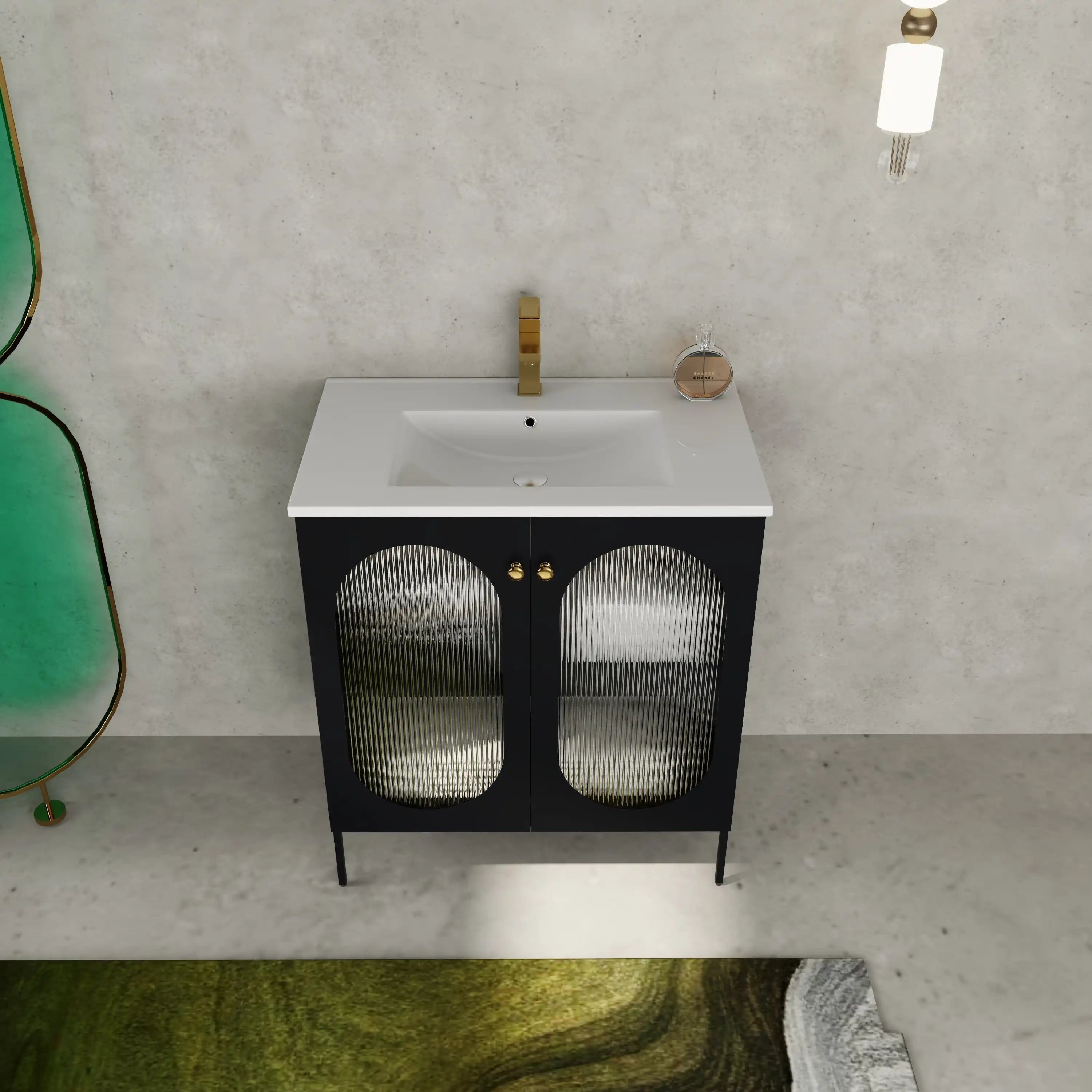 Top view of AeroGrid Series 30" black vanity with ceramic sink and acrylic cabinet doors.