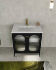Top view of 30" black freestanding makeup vanity with ceramic sink and ribbed acrylic cabinet doors | Ace Decor