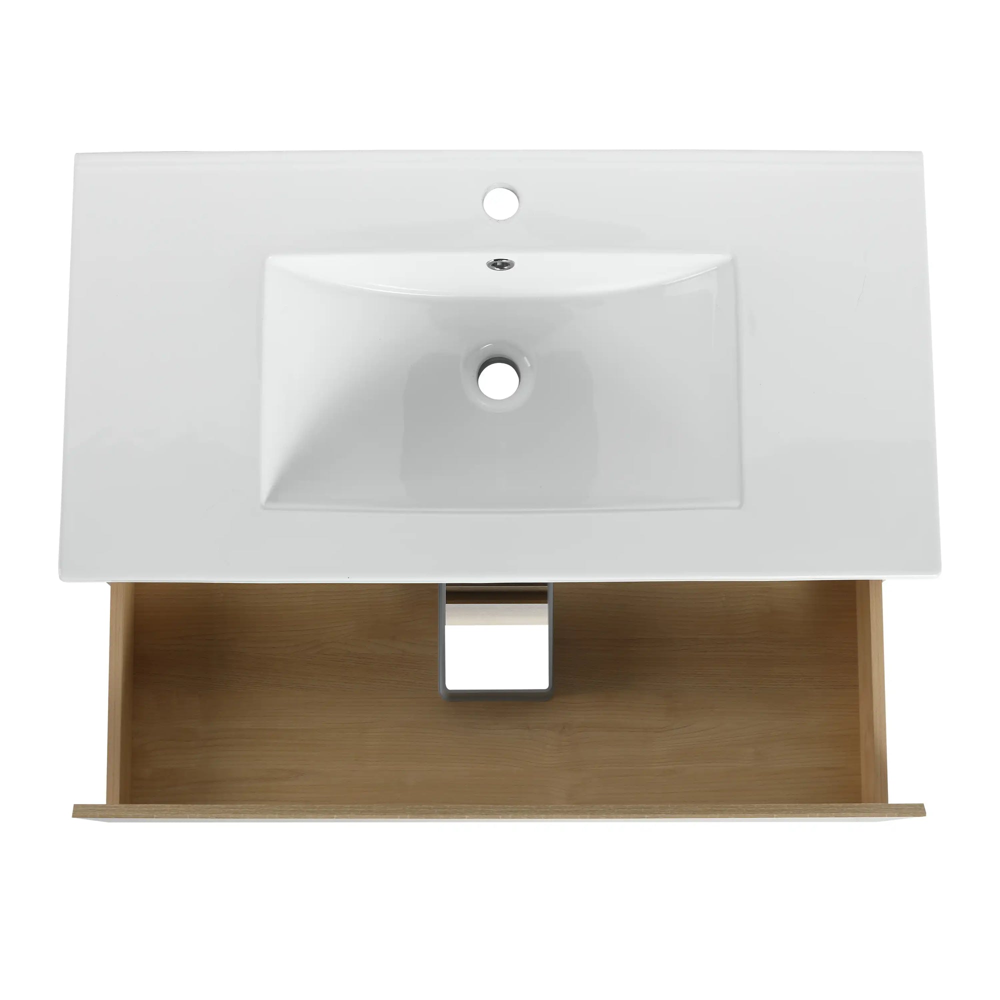 36" bathroom vanity wall mounted ceramic sink top view with storage below | Ace Decor