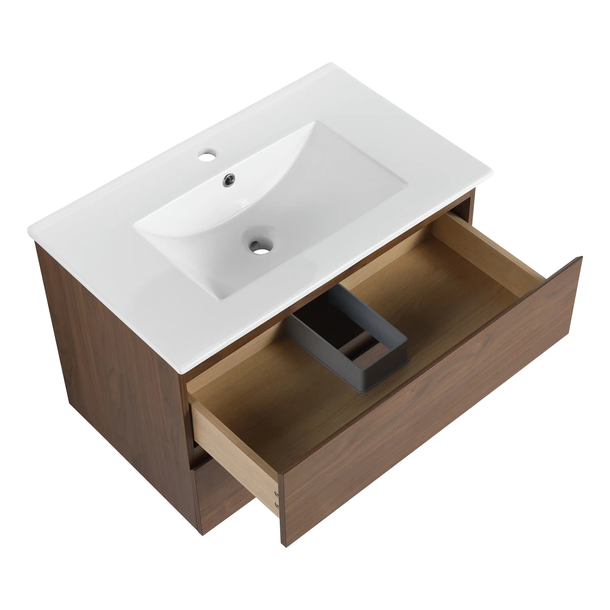 30" bathroom vanity hanging brown oak with drawer open top view | Ace Decor