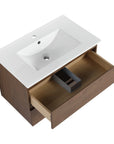 30" bathroom vanity hanging brown oak with drawer open top view | Ace Decor