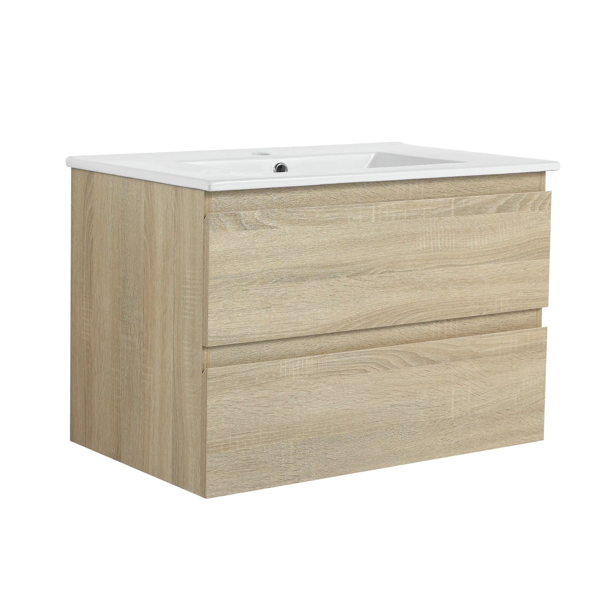 LumaOak Series 30" Light Oak Wall-Mounted Bathroom Vanity with Ceramic Sink &amp; Soft-Close Drawers