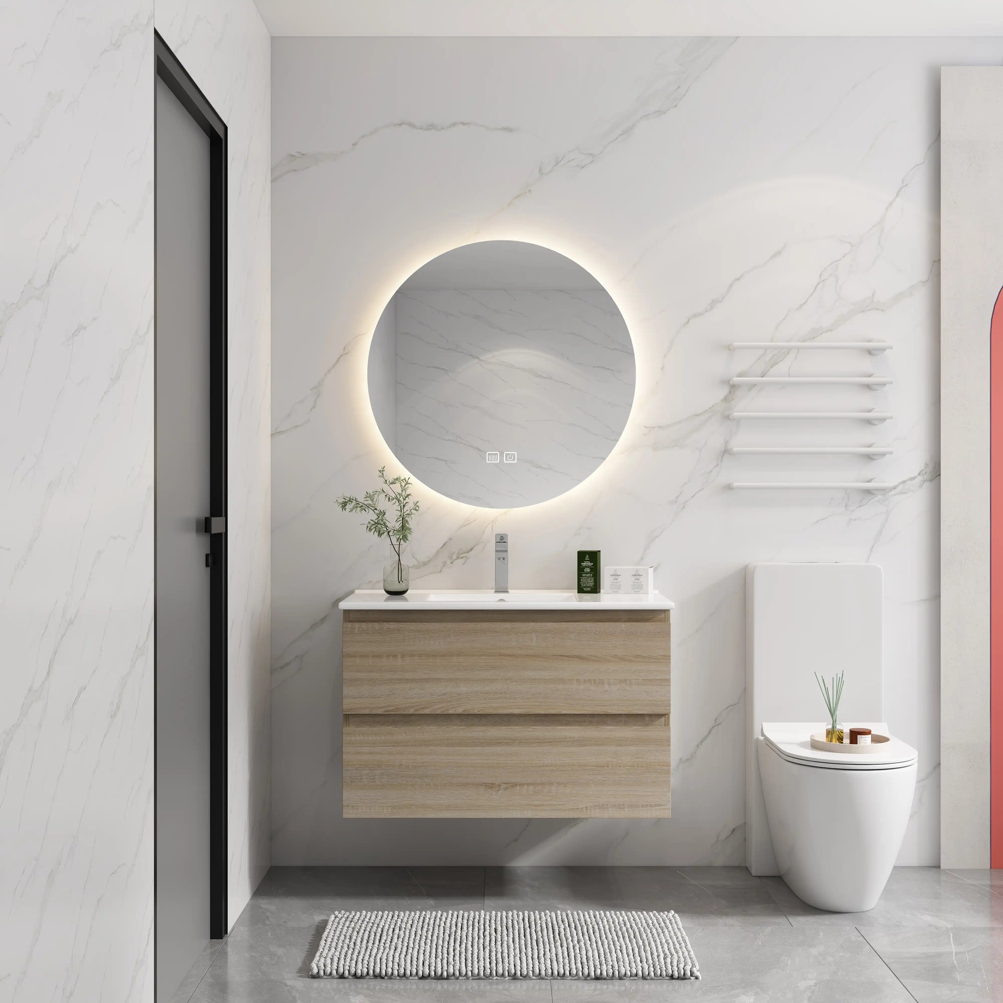 36" bathroom vanity wall mounted in modern bathroom with mirror and lighting | Ace Decor