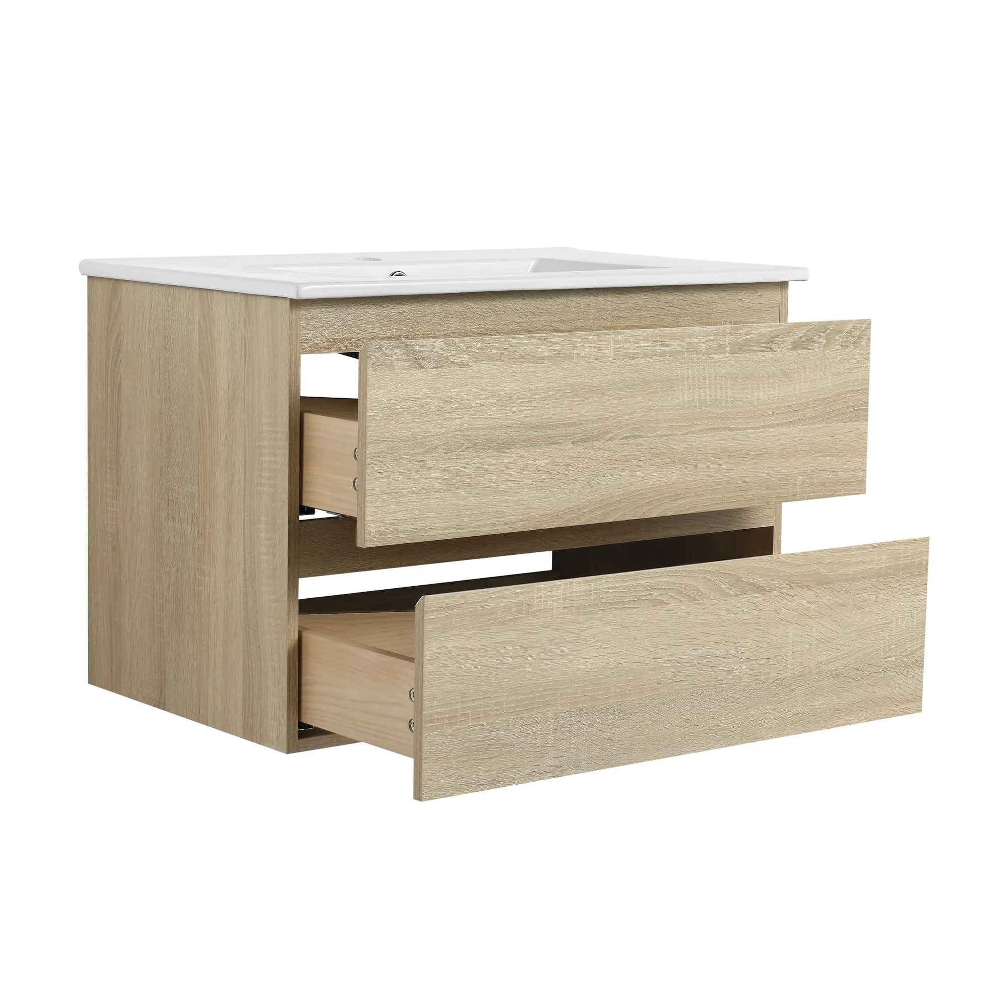 LumaOak Series 30" Light Oak Wall-Mounted Bathroom Vanity with Ceramic Sink &amp; Soft-Close Drawers