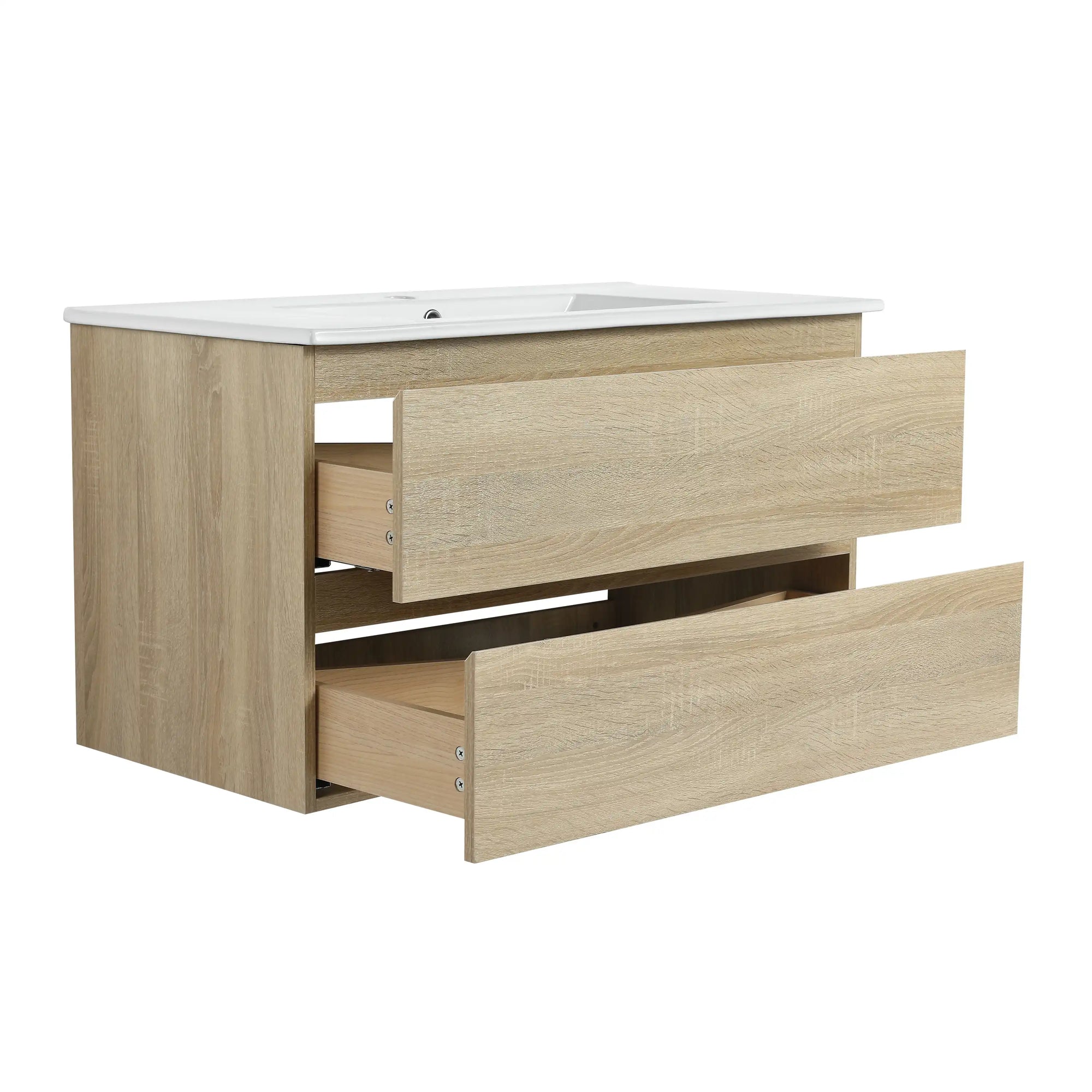 36" bathroom vanity wall mounted with drawers open storage side view | Ace Decor