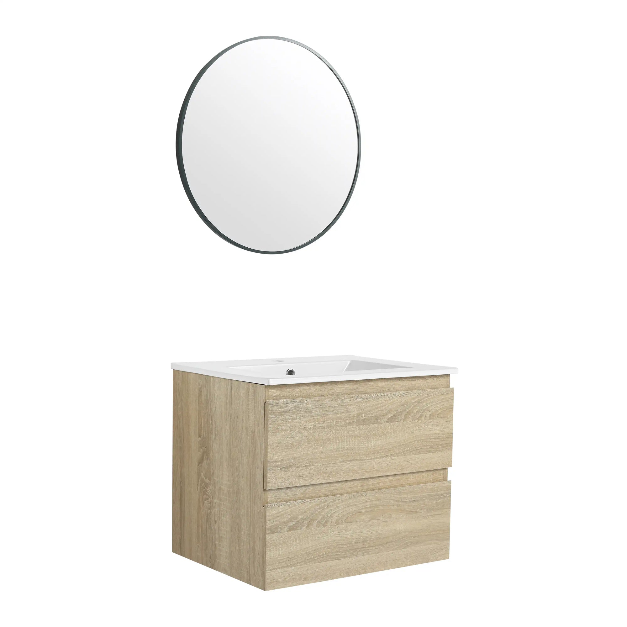 24 inch bathroom vanity with drawers and round mirror, angled view | Ace Decor