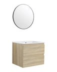 24 inch bathroom vanity with drawers and round mirror, angled view | Ace Decor