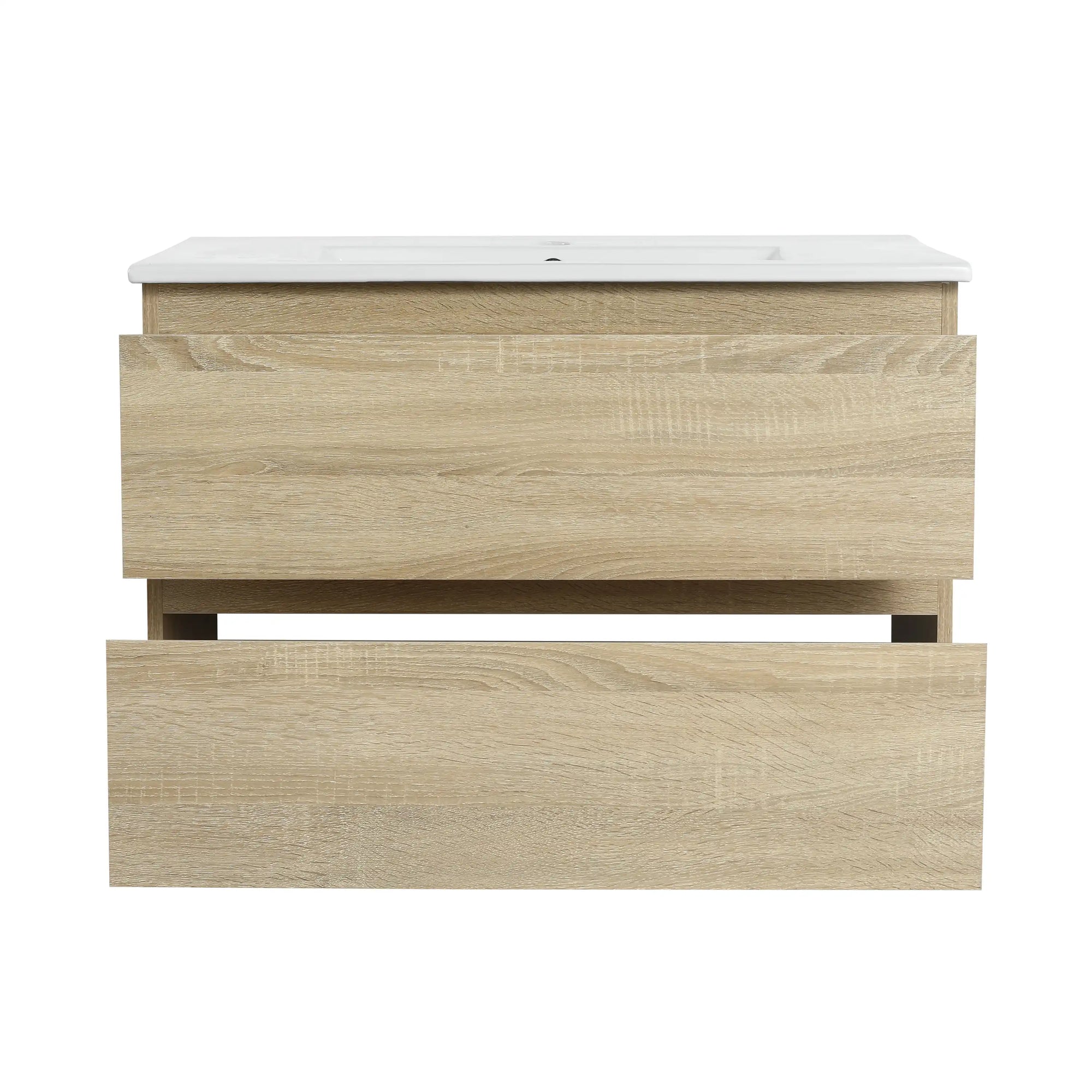 LumaOak Series 30" Light Oak Wall-Mounted Bathroom Vanity with Ceramic Sink &amp; Soft-Close Drawers