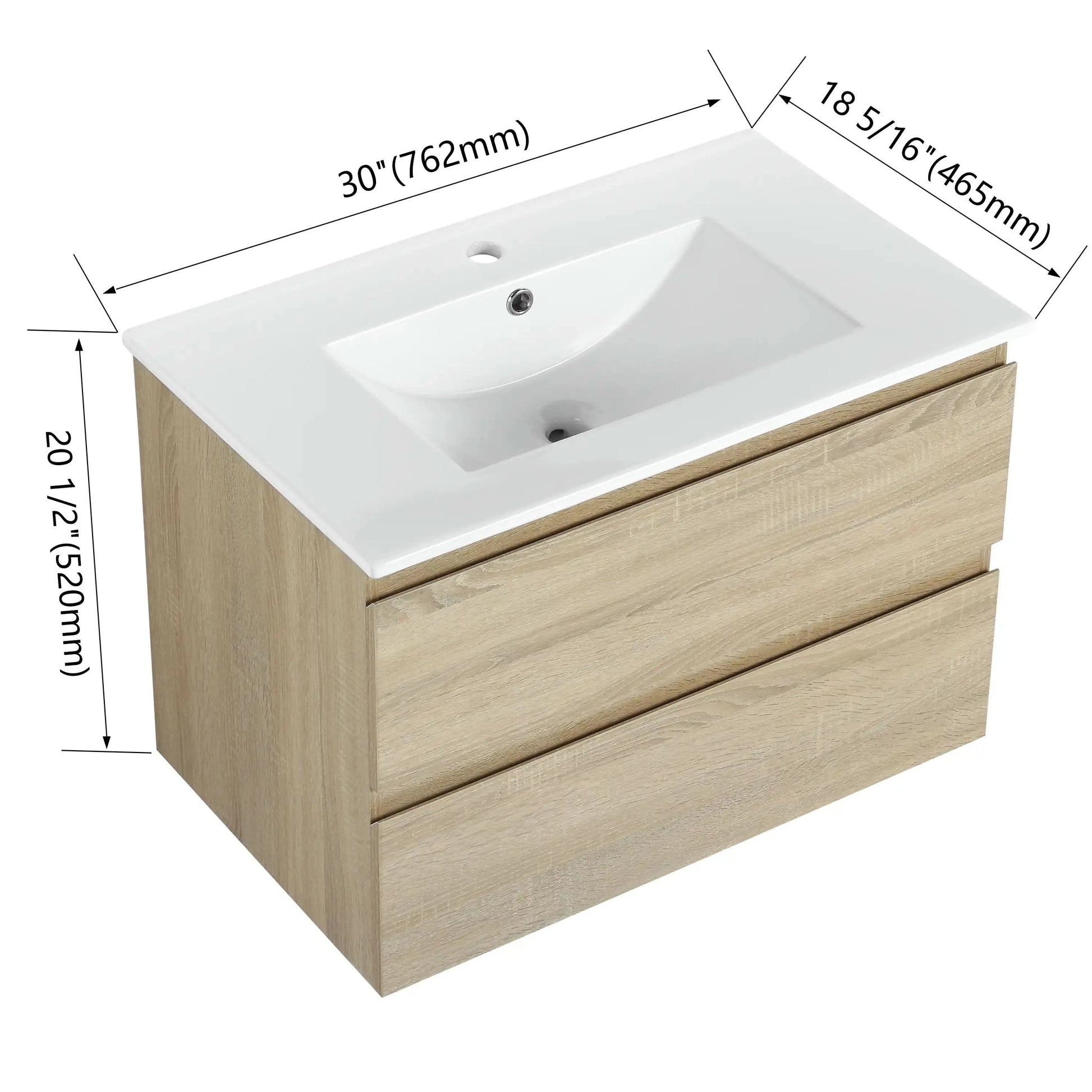 Wall-Mounted Bathroom Vanity with Ceramic Sink and Soft Close Drawers size: 30 X 18