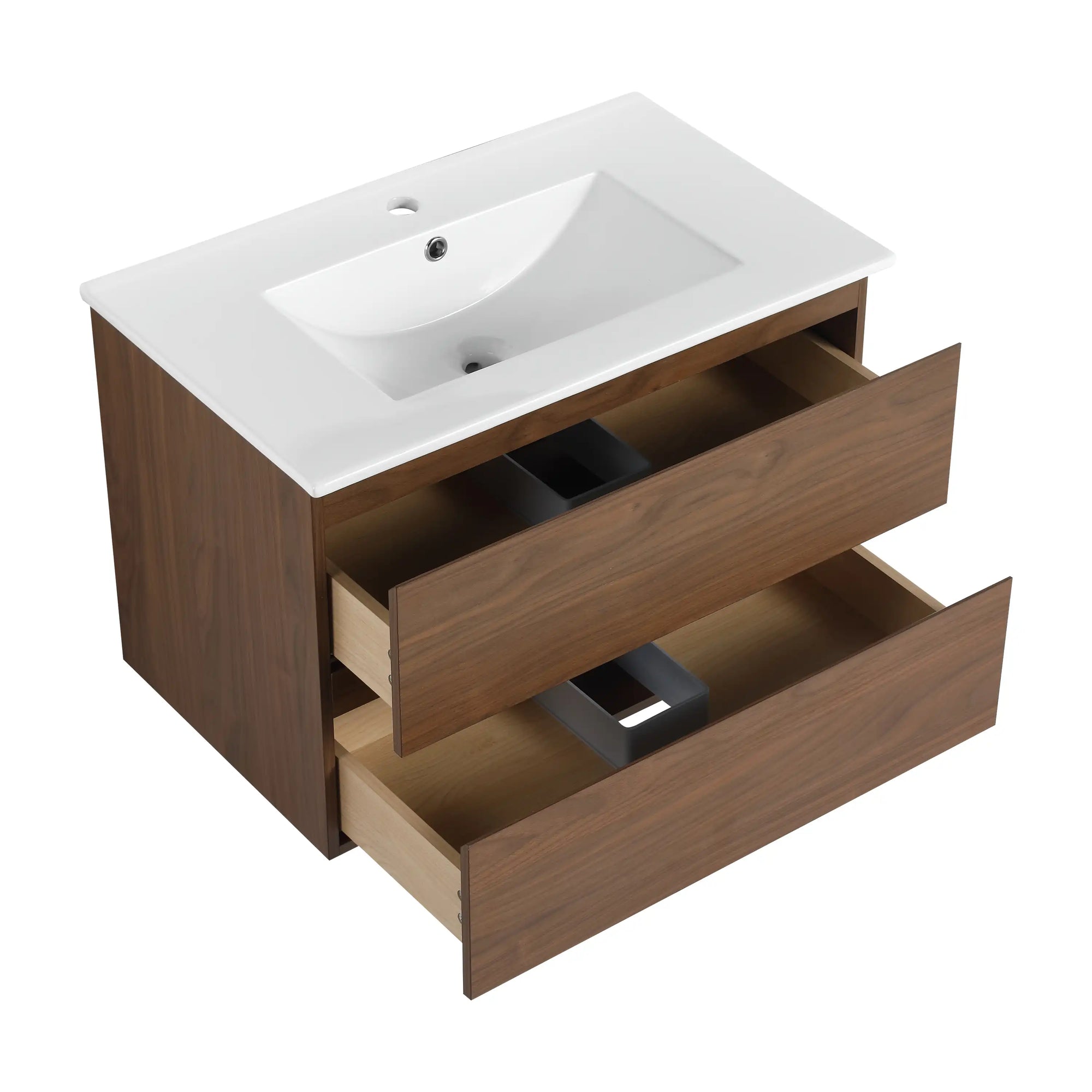 30" bathroom vanity hanging with drawers open storage view | Ace Decor