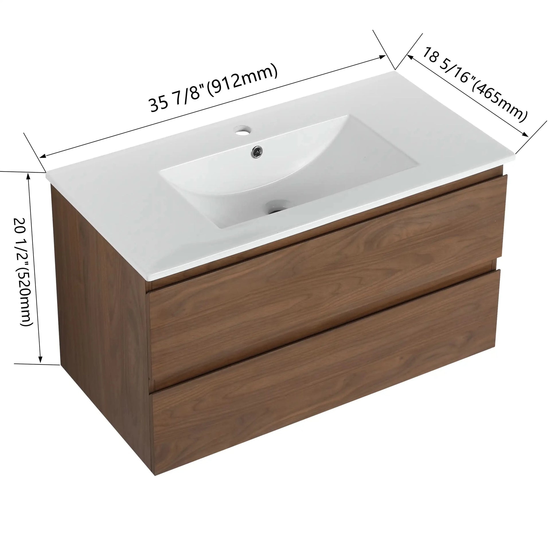 Brown Oak Wall-Mounted Vanity with Ceramic Sink size: 36 X 18