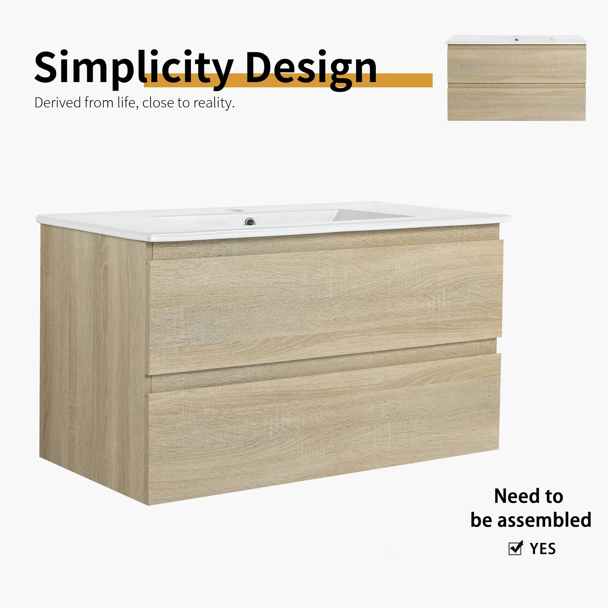 36" bathroom vanity wall mounted light oak with ceramic sink simplicity design view | Ace Decor